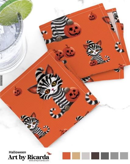 Whimsical striped Halloween Cat with Pumpkin
