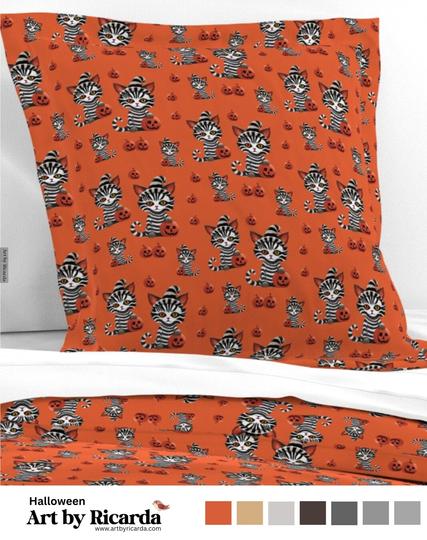 Whimsical striped Halloween Cat with Pumpkin