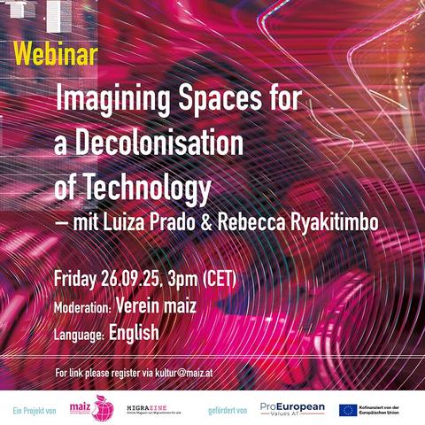 image announcing webinar. title "Imagining Spaces for a Decolonisation of Technology" and additional
information from the announcement. 
In the lower part: partners and sponsor logos.

the background image consists a very warped portrait of four people with heavy image filtering turning everything into a whirlpool of purple/white lines.