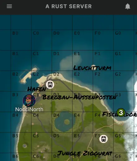 Eine Karte des Rust Servers auf der ich in der Nähe eines Hafens eingezeichnet bin. 
Auf dem Rest sind ein wenig Wasser, und innen liegende Seen zu sehen und ein bisschen Grünfläche