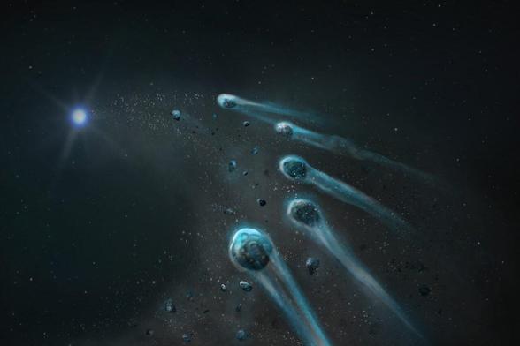 Een illustratie van de beginfase van een ijzig lichaam dat uiteen wordt gescheurd door de intense zwaartekracht van de witte dwerg