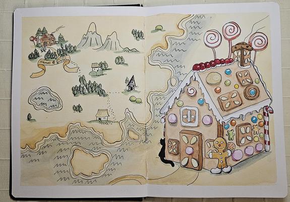 Ein aufgeschlagenes Skizzenbuch.  Dort zu sehen ist ein Lebkuchenhaus und eine alte Landkarte mit dem Weg, den Hänsel und Gretel genommen haben