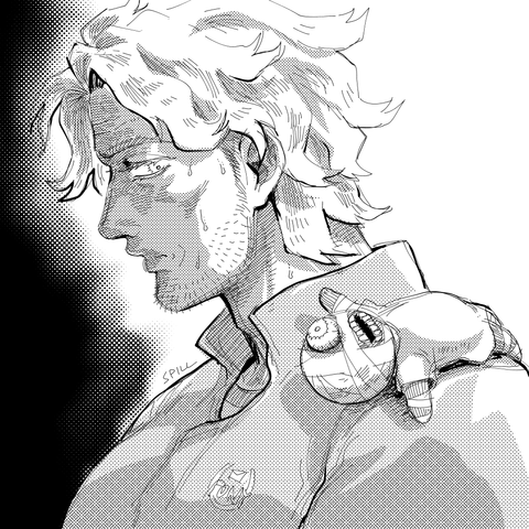 Mouthwashing fan art. A drawing of Curly, a fit older man with light, wavy hair that is slightly long, light eyes, thick eyebrows, and a defined jawline with stubble, wearing a company jumpsuit. He stands in a profile, looking at his shoulder through the corner of his eye with an uneasy expression, face sweaty. On his shoulder is a small, nearly pocket-sized human shape with neoteny proportions. The figure has a haphazardly bandaged body and wears a hospital gown, a single bulging left eye that stares back at Curly, stumps for limbs and a lipless open mouth, teeth all on display. The figure lays on his back on Curly's shoulder, reaching to him with his left stump.