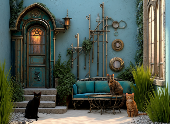 Ornate teal-themed courtyard with glowing door, vintage furniture, plants, and three cats staring intently with judgy expressions.