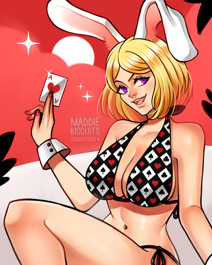 A digital illustration of a smiling pale skinned woman with purple eyes and a bob of blonde hair, with floppy white rabbit ears. She is sitting on a beach painted in a minimalist red white and black style. She is wearing a bikini checker-patterned with card suits, white cuffs, and is holding an ace of hearts card