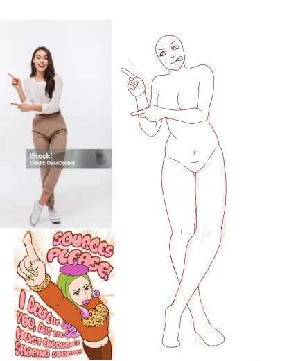 Colorless lineart of the very base of an anime figure doing a cheeky pose by crossing her legs and pointing in different directions while sticking her tongue out. She has no hair or clothes yet. You can still see the faint outline of the practice sketch.

Beside the model is a reference image of a woman doing the same pose along with a previously made drawing of a anime girl with green and pink hair.
