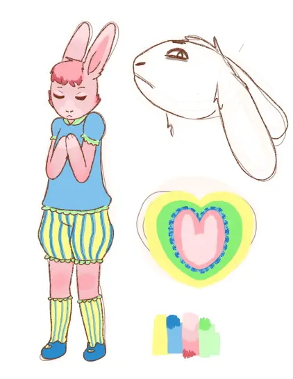A sketch for a character design idea. It is of a reddish pink bunny fursona drawn in a simplistic manner. He's wearing a frilly outfit with poofy shorts in the colours blue, yellow, and green. The top right corner has an outline of the same bunny looking in a different direction. The middle right has the beginnings of a heart design for the bunny's shirt. The bottom right corner shows the various colours used in the drawing.