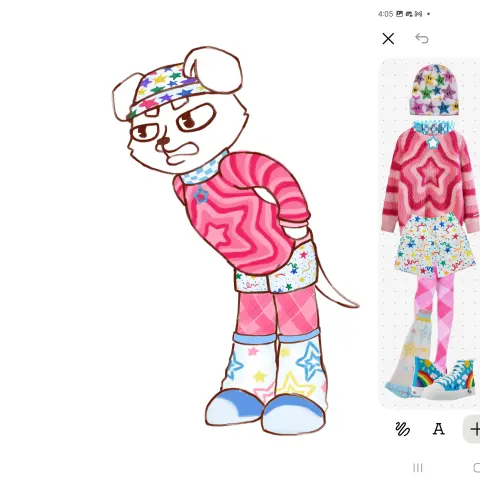 A puppy dog fursona bending forward with their paws on their hips as they make an angru facial expression. The dog is pure white with floppy ears. They are wearing a rainbow star beanie, a blue checkered collar with a star trinket, a reddish pink striped star sweater, rainbow confettie shorts, reddish pink plaid tights, pink/yellow/blue star legwarmers, and blue converse shoes. Next to them are the reference images for all the clothes used in the outfit.