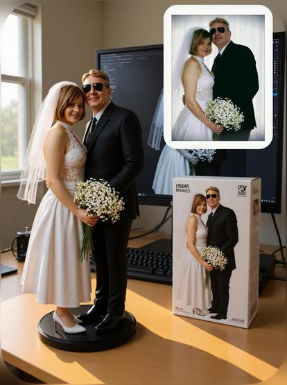 Das Bild zeigt eine Hochzeitsfigur auf einem Schreibtisch, die ein Paar darstellt. Die Figur besteht aus einer Braut in einem weißen Kleid mit Spitzenbesatz und einem Schleier sowie einem Bräutigam in einem schwarzen Anzug. Beide halten ein Strauß weißer Blumen. Die Figur steht auf einem schwarzen Drehpodest. Neben der Figur steht eine weiße Verpackung mit dem gleichen Bild des Paares, die als "Friends' Figures" bezeichnet wird. Im Hintergrund ist ein Computermonitor zu sehen, auf dem das gleiche Bild des Paares angezeigt wird. Ein Fenster lässt natürliches Licht herein, das den Raum beleuchtet.