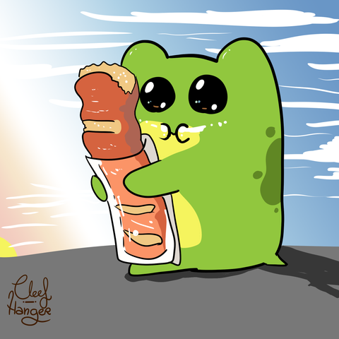 En un atardecer Froggelio camina con una bolsa del super semi transparente con una bagette de pan a la que le falta la punta. Misteriosamente Froggelio camina con los mofletes llenos por ninguna razón aparente agarrade a su pan.