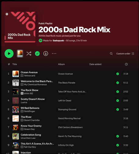 A screenshot of Spotify window with a playlist by Spotify named "2000s Dad Rock Mix". In the playlist there're bands like Yellowcard, My Chemical Romance, blink-182, Goldfinger, Good Charlotte.