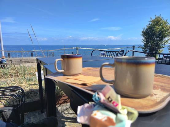 Zwei Kaffeebecher auf einem Tablett im Vordergrund auf einem Tisch, die Verpackungen von zwei Stieleis unter das Tablett geklemmt.
Im hintergrund strahlend blauer Himmel und der Blick vom Café des "Den bla Planet" über den Öresund in Kopenhagen