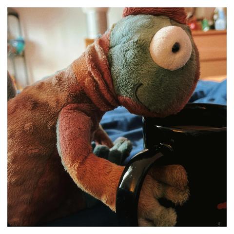 English: A plush chameleon with large eyes and a colorful, textured body is leaning over a black coffee mug wirh the red and green Berlin Ampelmännchen on it. The background features a cozy bedroom setting with plushies and decor.

Deutsch: Ein Plüsch-Chamäleon mit großen Augen und einem farbenfrohen Körper lehnt sich über eine schwarze Kaffeetasse mit den roten und grünen Berliner Ampelmännchen darauf. Der Hintergrund lässt ein gemütliches Schlafzimmer mit Plüschtieren und Dekor erahnen.