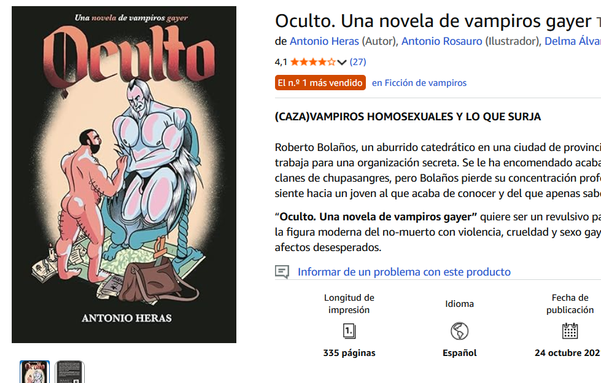 "Portada del libro 'Oculto. Una novela de vampiros gayer' de Antonio Heras. La ilustración muestra a dos hombres musculosos. Uno, con barba oscura y de espaldas, tiene cicatrices o costuras en la piel clara de su espalda y piernas. Se inclina hacia otro hombre, de piel pálida azulada, cabello largo y blanco, y garras afiladas, que está sentado en una especie de trono o asiento ornamentado con una cuerda azul. Ambos hombres parecen semidesnudos, con ropa mínima. A sus pies, hay varios libros abiertos, un mapa, un puñal y un bolso de cuero, sobre un suelo con un patrón. El estilo es una ilustración de cómic o novela gráfica."