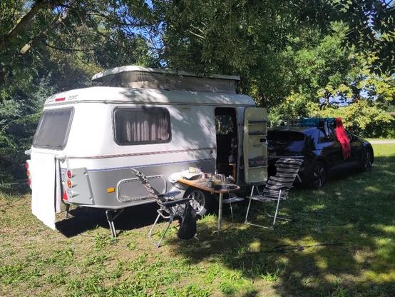 A caravan behind a hyundai ioniq 5 electric car