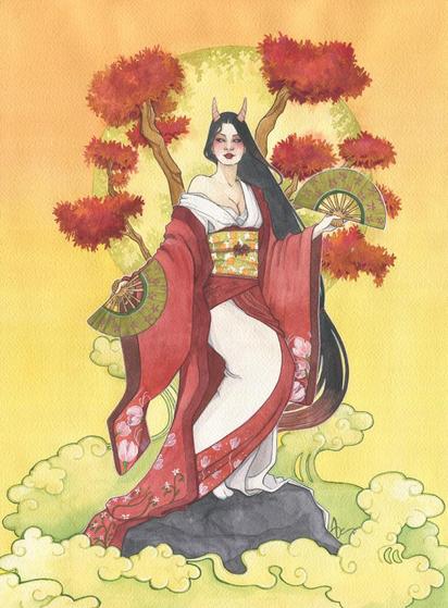 Sur un fond jaune or à l'aquarelle, une femme en kimono rouge et blanc danse avec des éventails devant des branches d'érable rouge. La femme a de longs cheveux noirs et une paire de cornes sur le crâne.