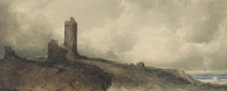 18th Century painting by Cotman of the ruins of Aberystwyth Castle, on a low eminence with a glimpse of the sea, and representing as best I could find of the destroyed castle in the marshes of Ross's stories.