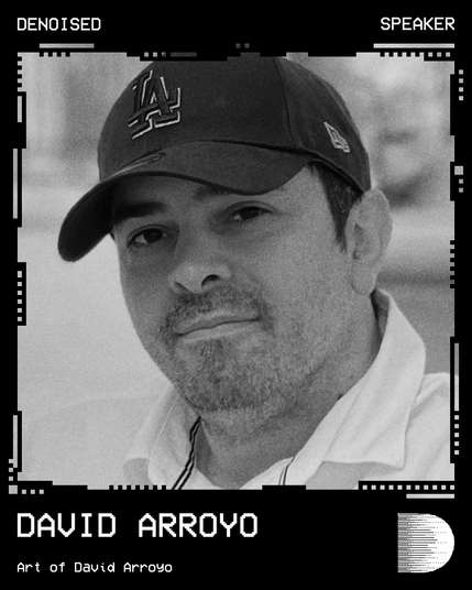 A portrait of David Arroyo, annoucing him as a speaker for the DENOISED community digital art conference, held on November 29, 2025 in the Blikfabriek in Antwerp, Belgium