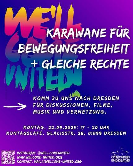 Flyer für das Montagscafé in Dresden-Neustadt, Glacisstraße 28 01099 Dresden, am 22.09., 17-20 Uhr mit "We'll Come United" zur Karawane für Bewegungsfreiheit und gleiche Rechte.