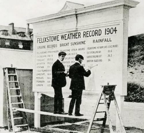 Two men in suits and flatcaps standing on a long board resting at each end on the lower rungs of ladders. One is turning to look at the camera while the other is working with a mahl stick and brush to paint lettering on a large wooden sign that is titled “Felixstowe Weather Record 1904” with three columns below recording “Sunshine”, “Bright Sunshine”, and “Rainfall” for different locations.