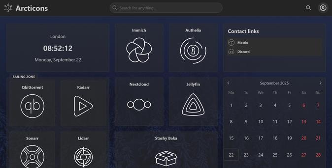 A screenshot of a demo dashboard, featuring different kinds of software icons but in the monotone line-icon style of Arcticons.