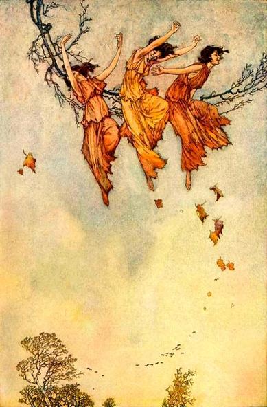 Painting of three young women a swing laughing. They are wearing orange dresses that resemble October leaves.