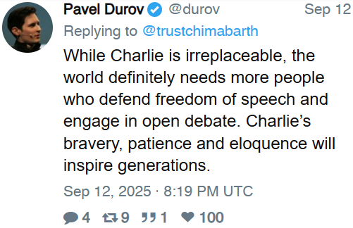 Pavel Durov auf Twitter: "While Charlie is irreplaceable, the world definitely needs more people who defend freedom of speech and engage in open debate. Charlie’s bravery, patience and eloquence will inspire generations."
