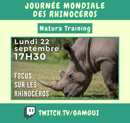 Visuel pour annoncer un live sur la chaîne Twitch de OamGui.

Haut de l’image :
Bandeau vert avec texte en lettres majuscules claires : « Journée mondiale des rhinocéros ».

Juste en dessous est écrit « Natura Training » (en lettres claires sur fond vert foncé encadré).

Centre de l’image :
Au centre, photo de profil d’un rhinocéros broutant de l'herbe.
En haut à gauche est écrit en blanc « Lundi 22 septembre 17H30 » et en bas « Focus sur les rhinocéros ».

Bas de l’image :
Bandeau vert foncé avec le logo Twitch à gauche et l’adresse de la chaîne en lettres majuscules :
TWITCH.TV/OAMGUI