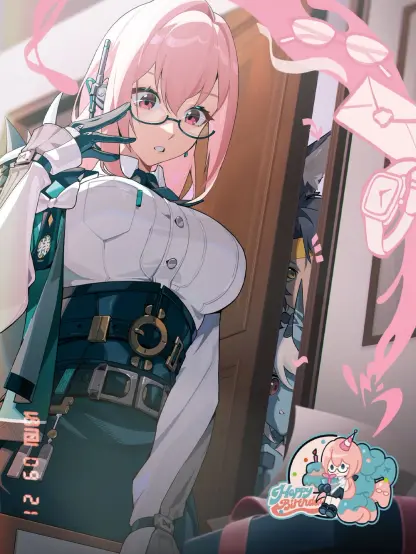 Yanagi seeing a mystery gift box on her desk. There are Harumasa and Soukaku hiding behind a door beside her.