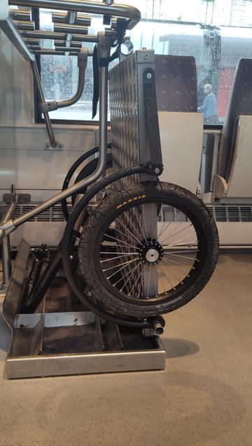 La remorque arrimée avec une sangle dans les rangements de ski d'un TER Auvergne Rhône Alpes