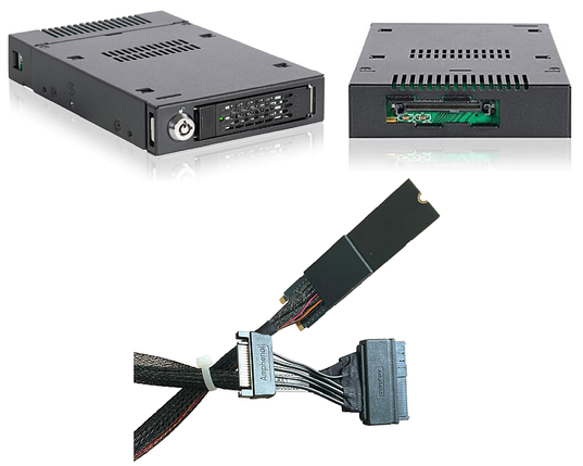 Two related but distinct pieces of computer hardware designed to adapt M.2 NVMe solid-state drives (SSDs) for use in different physical connections and form factors, typically found in workstations or servers.

This enclosure allows you to install a bare M.2 NVMe SSD inside it, effectively converting the small M.2 drive into a hot-swappable drive.

Host Connector: The connector visible at the back is a U.2 (SFF-8639) port. This single port provides both power and a direct PCI Express (PCIe) data connection to the motherboard or a host bus adapter, allowing the M.2 drive to operate at its full NVMe speed.

M.2 NVMe to U.2 Adapter Cable - this cable is an adapter that allows you to connect a U.2 device to an M.2 NVMe port on a motherboard.

The enclosure is ideal for making the drive hot-swappable and easily accessible from the front of a computer, perfect for servers where drives may need to be replaced without downtime.