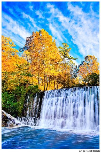 Digital art depicting an old manmade waterfall tumbling into clear blue waters. the area above the dam is surrounded by warm colored fall foliage in the trees and a sky above that is picturesque with bright white clouds in the blue skies.