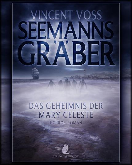 Cover des Romans. ein Strand, Gestalten im Nebel, ein Leuchtturm, ein Segelschiff.