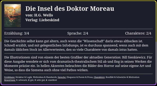Die Geschichte selbst kann gut altern, auch wenn die "Wissenschaft" darin etwas altbacken ist. Schnell erzählt, und mit gelegentlichen Infodumps, ist es durchaus spannend, wenn auch mit dem damals üblichen Stock im Allerwertesten, den so viele Charaktere von damals intus hatten.
--
Die Illustrationen sind von einem der besten Grafiker der aktuellen Generation: Bill Sienkiewicz. Für diese Ausgabe wendete er sich vom dramatisch-theatralischem Stil ab und fing in seinen Werken die Momente präzise ein. In hellen Akzenten beleuchten die Bilder den Horror auf seine eigene Art und Weise, so dass die Szenena auch ohne viel Pathos wirken.