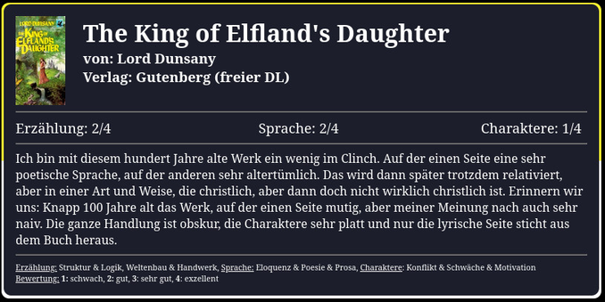 Ich bin mit diesem hundert Jahre alte Werk ein wenig im Clinch. Auf der einen Seite eine sehr poetische Sprache, auf der anderen sehr altertümlich. Das wird dann später trotzdem relativiert, aber in einer Art und Weise, die christlich, aber dann doch nicht wirklich christlich ist. Erinnern wir uns: Knapp 100 Jahre alt das Werk, auf der einen Seite mutig, aber meiner Meinung nach auch sehr naiv. Die ganze Handlung ist obskur, die Charaktere sehr platt und nur die lyrische Seite sticht aus dem Buch heraus.