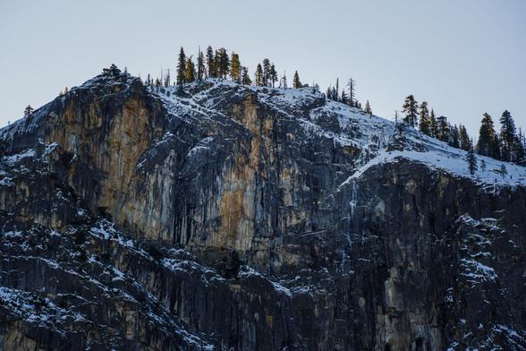 A close-up of a rugged mountain peak covered in snow, with a line of trees along the summit.