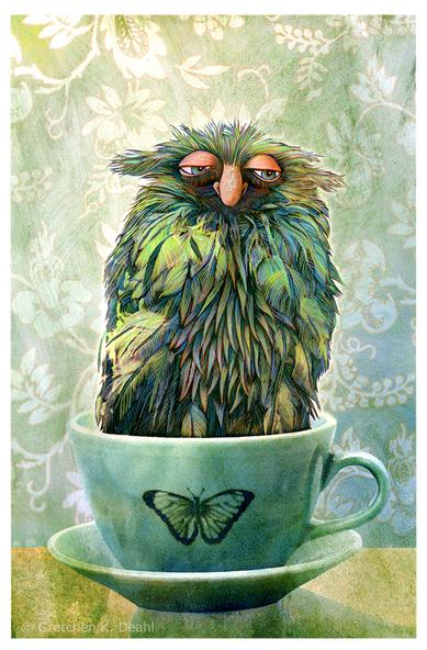 Set against a wallpaper backdrop of pale flowering vines, a porcelain teal teacup sits on a plate. In the cup, a sleepy, feathered green-blue monster tilts slightly sideways, Its large droopy eyes and large pink nose look out in a drowsy gaze.