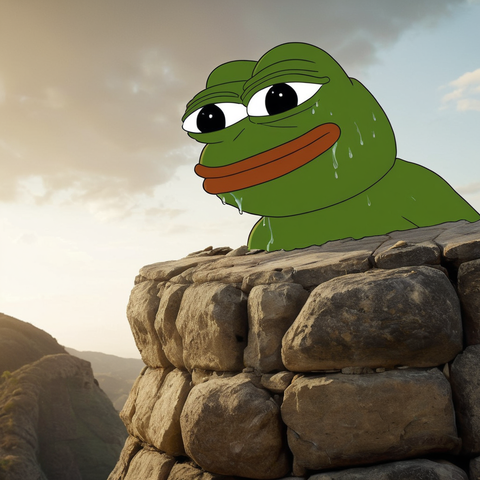 Cartoon Pepe the Frog edited into a scenic photo, shown sweating while peeking over a stone wall with mountains and a sunset sky in the background.