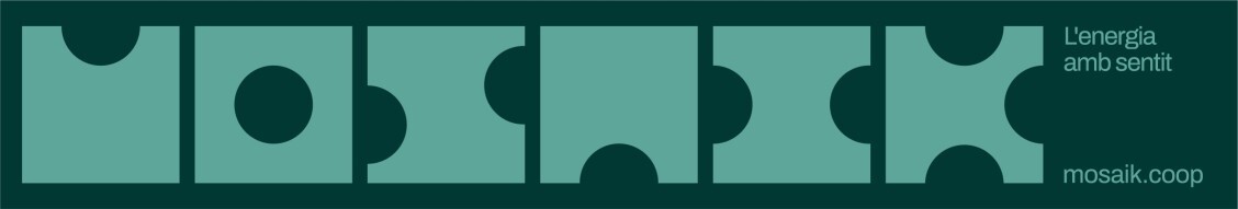 logo de Mosaik UBEM SCCL. Text: Mosaik. L'energia amb sentit. mosaik.coop Colors verd fosc i verd clar. Logo amb quadrats amb mosegades rodones per crear les lletres de Mosaik