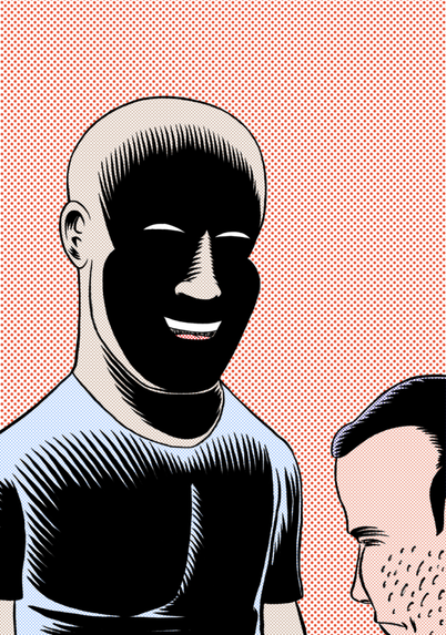 A man, his face hidden in darkness, looks down on another man
