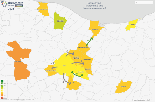 Enquête 2021 : Circulez-vous facilement à vélo dans votre commune ?
1 cran moins "facile" pour les habitants de 5 villes périphériques qu'en ville centre.