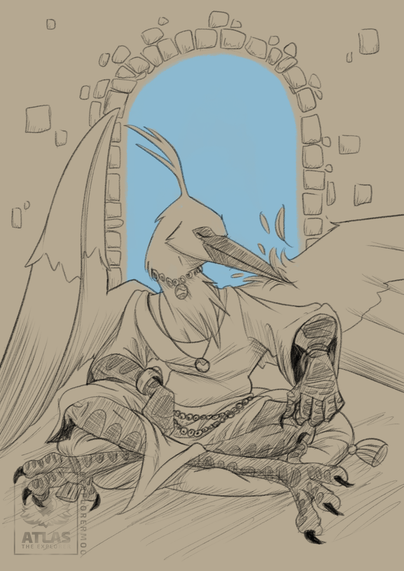 A sketch of an anthro heron preening their feathers while sitting on a cushion.