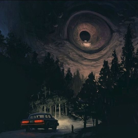 he Watcher  -  Kurt Huggins  a car driving along a road through the forest at night, above a monolithic reptilian eye filling the entire sky gazes down