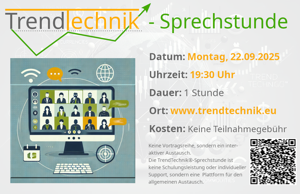 Logo TrendTechnik®
TrendTechnik® Sprechstunde
Montag, 22.09.2025 19:30 Uhr
Dauer: 1 Stunde
Kosten: keine Teilnahmegebühr
© www.trendtechnik.eu
Keine Vortragsreihe, sondern ein interaktiver Austausch.
Die TrendTechnik®-Sprechstunde ist keine Schulungsleistung oder individueller Support, sondern eine Plattform für den allgemeinen Austausch.
QR-Code zur Webseite

Grafik von einem Bildschirm mit Personen im Onlinemeeting