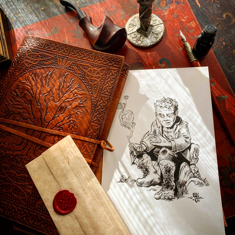 A hand inked illustration of Bilbo sitting on a rock with his pipe in one hand and the One Ring in the other.
