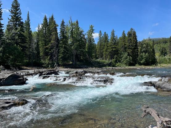 A flowing river cascades over rocks, surrounded by lush green trees and shrubs. The water appears clear with a light blue tint, creating a tranquil natural scene.