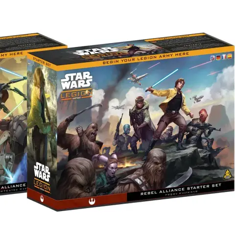 Two chunky starter sets for Star Wars Legion are displayed, featuring the Rebel Alliance and Separatist factions. The Rebel Alliance set showcases characters like Luke Skywalker and various scouts and Wookiees, while the Separatist set includes General Grievous and a variety of droids, including battle droids and super battle droids. Each box features vibrant artwork depicting the characters and their respective armies, with the text "STAR WARS LEGION" prominently displayed on the front.