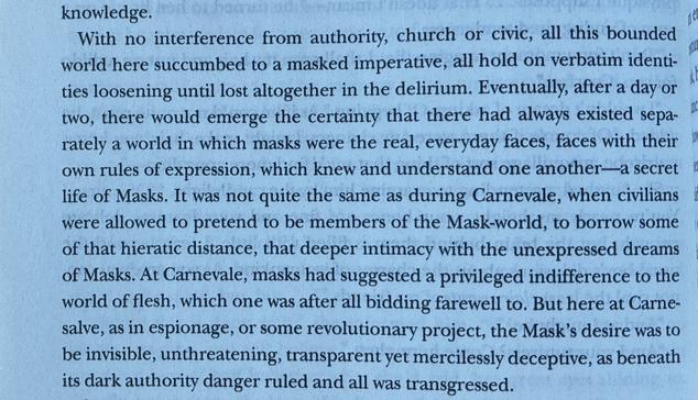 A photograph of a paragraph on page 880 of Thomas Pynchon’s ‘Against The Day’, reading as follows:

“[…] knowledge.
With no interference from authority, church or civic, all this bounded world here succumbed to a masked imperative, all hold on verbatim identities loosening until lost altogether in the delirium. Eventually, after a day or two, there would emerge the certainty that there had always existed separately a world in which masks were the real, everyday faces, faces with their own rules of expression, which knew and understand one another—a secret life of Masks. It was not quite the same as during Carnevale, when civilians were allowed to pretend to be members of the Mask-world, to borrow some of that hieratic distance, that deeper intimacy with the unexpressed dreams of Masks. At Carnevale, masks had suggested a privileged indifference to the world of flesh, which one was after all bidding farewell to. But here at Carne-salve, as in espionage, or some revolutionary project, the Mask's desire was to be invisible, unthreatening, transparent yet mercilessly deceptive, as beneath its dark authority danger ruled and all was transgressed.“