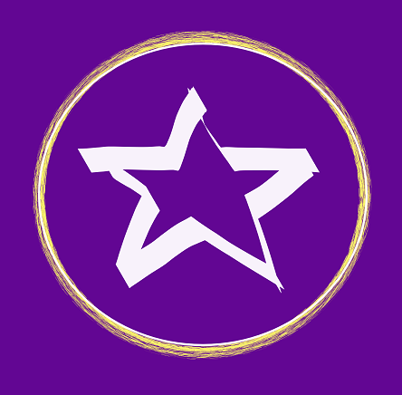 Image of the Enlightened Hynni of Karma symbol, a 5-pointed star inside a circle, on a purple background.