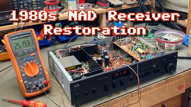 Thumbnail for my video, showing my workbench with an opened NAD 7020e receiver on it and a multimeter hooked up to some test points inside. Several tools and old capacitors are visible in the background. The overlayed text reads "1980s NAD Receiver Restoration".
